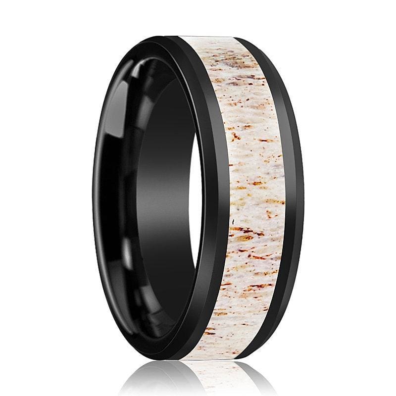 Men’s Beveled Black Ceramic Wedding Band W/ White Antler Inlay - 8mm