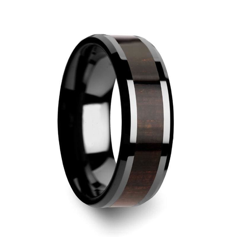 Men’s Beveled Black Ceramic Wedding Band With Ebony Wood Inlay 8mm