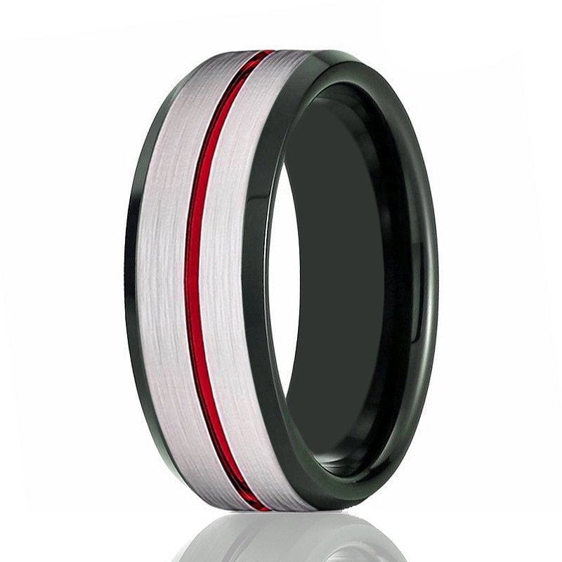 Men’s Beveled Black Tungsten Carbide Wedding Ring with Red Stripe Center - 8mm