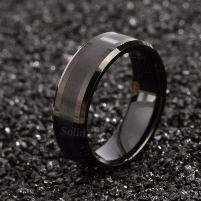 Men’s Beveled Black Tungsten Wedding Band Brushed Center - 8mm