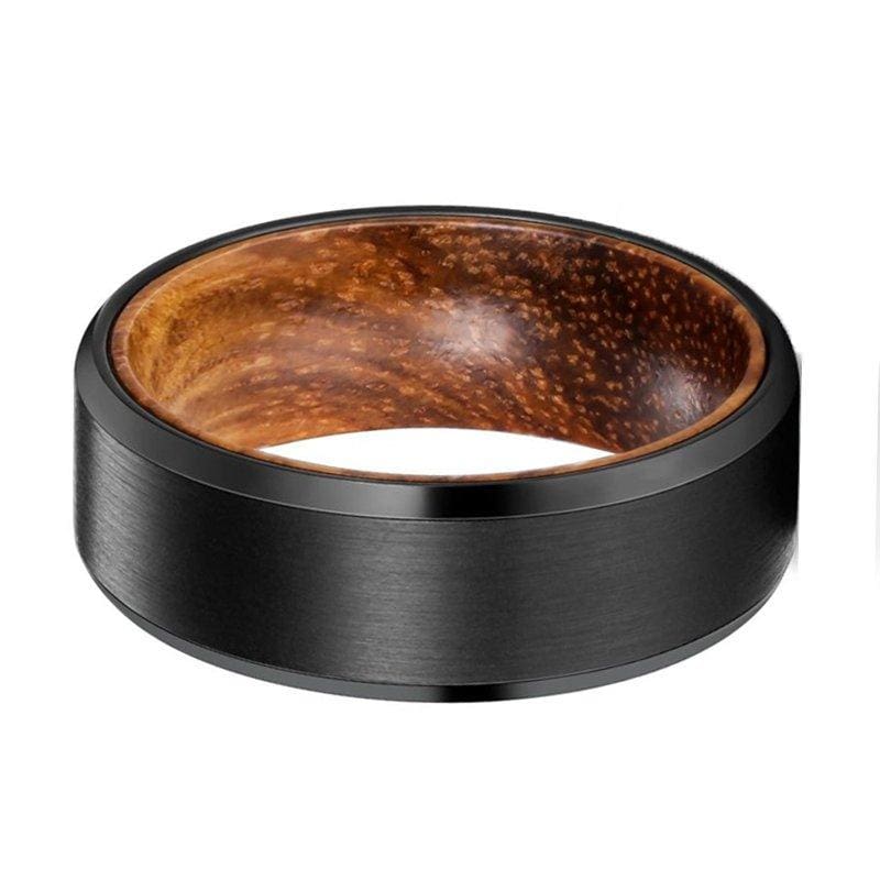 Men’s Beveled Black Tungsten Wedding Band with Zebra Wood Sleeve - 8mm