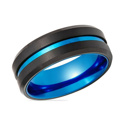 Men’s Beveled Sky Blue Grooved Black Tungsten Carbide Wedding Band - 8mm