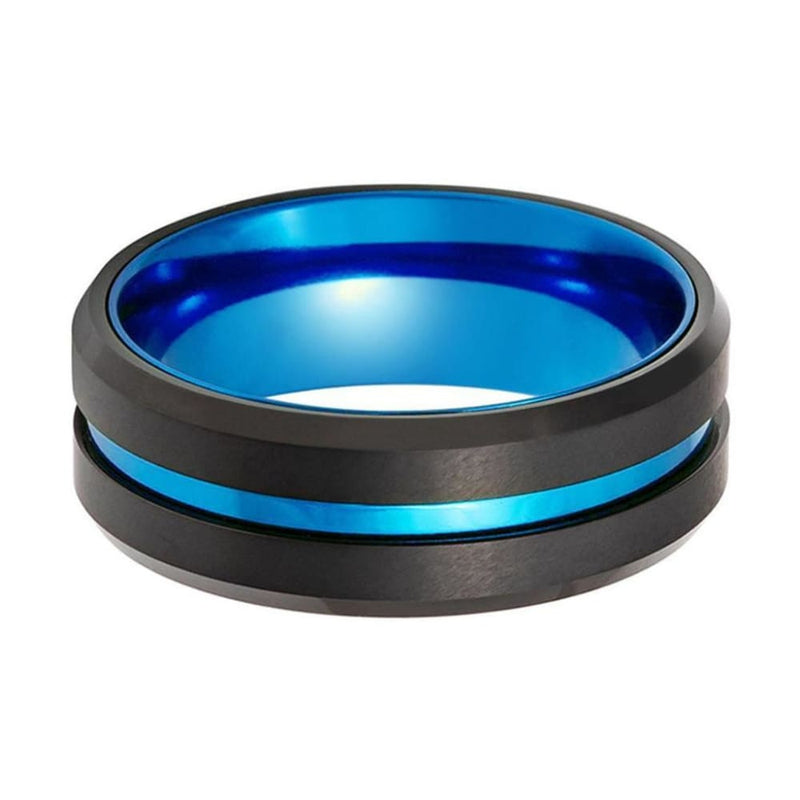 Men’s Beveled Sky Blue Grooved Black Tungsten Carbide Wedding Band - 8mm