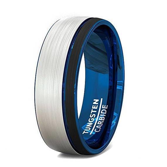 Men’s Beveled Tungsten Wedding Band With Brushed Center & Blue Inside - 8mm