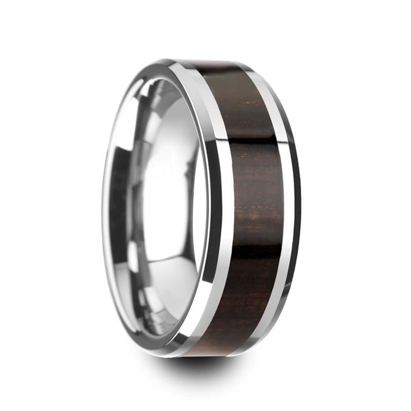 Men’s Beveled Tungsten Wedding Band With Genuine Ebony Wood Inlay - 8mm