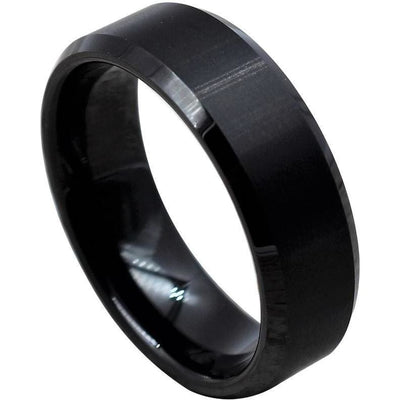 Men’s Black Tungsten Ring w/ Brushed Finish and High Polished Beveled Edges 6mm & 8mm