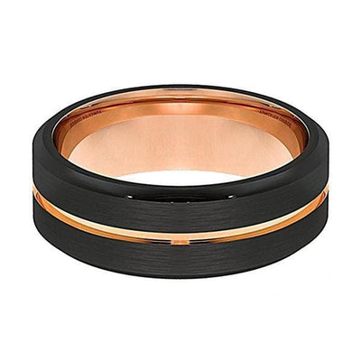 Men’s Black Tungsten Ring With Rose Gold Grooved Center Beveled Edges - 8mm