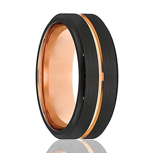 Men’s Black Tungsten Ring With Rose Gold Grooved Center Beveled Edges - 8mm