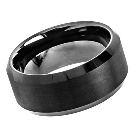 Mens Black Tungsten Wedding Band Brushed Center High Polish Beveled Edge - 10mm