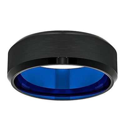 Men’s Black Tungsten Wedding Band With Beveled Edges and Blue Inside - 8 mm