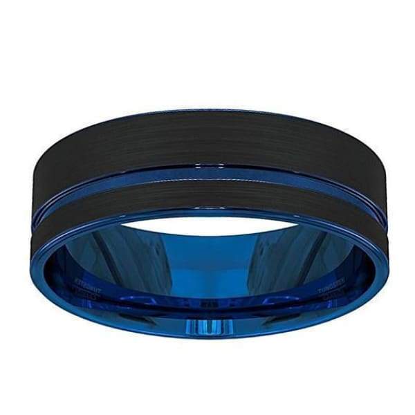 Men’s Black Tungsten Wedding Band With Blue Groove and Inside - 8 mm