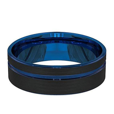 Men’s Black Tungsten Wedding Band With Blue Groove and Inside - 8 mm