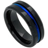 Mens Black Tungsten Wedding Band With Blue Grooved Center High Polish - 8mm