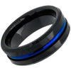 Mens Black Tungsten Wedding Band With Blue Grooved Center High Polish - 8mm