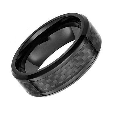 Mens Black Tungsten Wedding Ring w/ Carbon Fiber Inlay Beveled Edges - 8mm