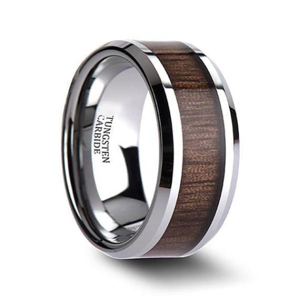 Men’s Black Walnut Wood Inlaid Tungsten Wedding Ring With Beveled Edges 4mm - 12 mm