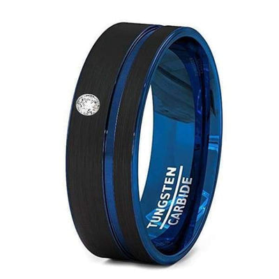 Mens Blue Grooved Center Tungsten Wedding Band With Cubic Zirconia Setting - 8 mm