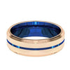 Mens Blue Grooved Tungsten Ring with Rose Gold Inlay Beveled Edges- 6mm & 8 mm