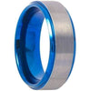 Mens Blue Tungsten Wedding Band Gun Metal Beveled Edge Brushed Finish - 8mm