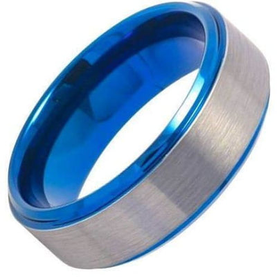 Mens Blue Tungsten Wedding Band Gun Metal Beveled Edge Brushed Finish - 8mm