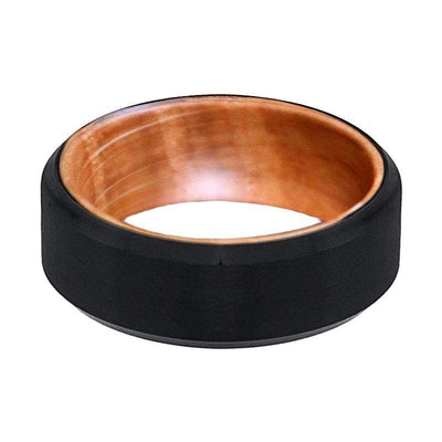 Men’s Brushed Black Tungsten Ring With Whiskey Barrel Wood Sleeve 8mm