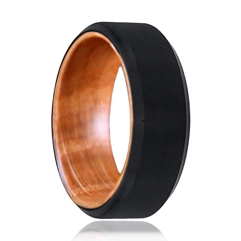 Men’s Brushed Black Tungsten Ring With Whiskey Barrel Wood Sleeve 8mm