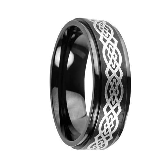 Mens Carbide Tungsten Ring Engraved Celtic Knot Pattern Black High Polish - 8mm