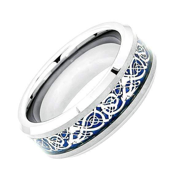 Mens Carbide Tungsten Ring Shiny Beveled Edges Blue Celtic Dragon Knot - 8mm