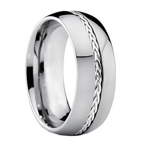 Mens Carbide Tungsten Wedding Ring Grooved with Braided Sterling Silver Insert - 8mm