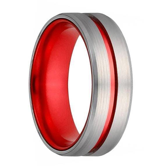 Mens Classic Grooved Silver And Red Tungsten Wedding Band With Beveled Edges - 8mm