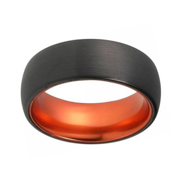 Men’s Domed Black Tungsten Ring With Atomic Orange Inside & Brushed Finish 6mm 8mm