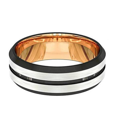 Men’s Domed Double Grooved Tungsten Wedding Band With Rose Gold Inlay - 8mm