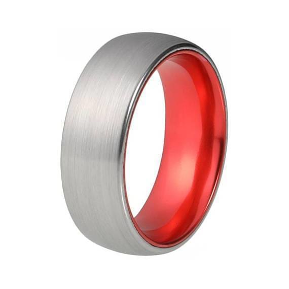 Mens Fire Red Tungsten Wedding Ring Silver Brushed - 8mm