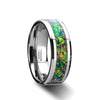 Mens Opal Ring Tungsten Wedding Blue & Orange Beveled Polished Finish - 8mm