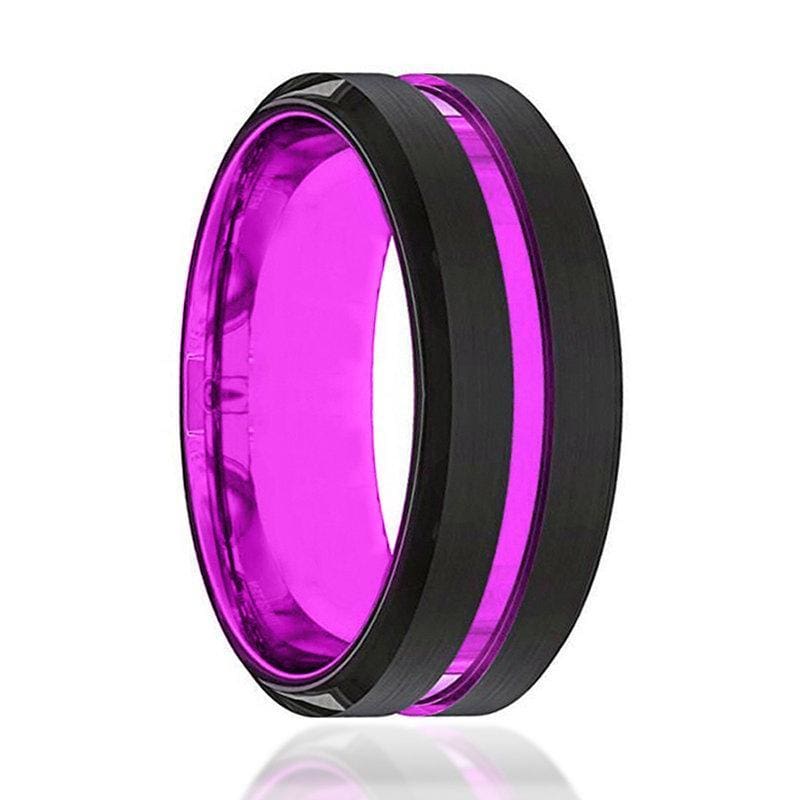 Men’s Passionate Purple Groove Beveled Black Tungsten Carbide Wedding Ring - 8mm