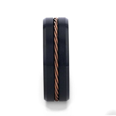 Men’s Rose Gold Braided Brushed Center Black Tungsten Band Beveled Edges - 8mm