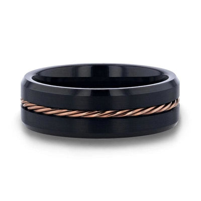 Men’s Rose Gold Braided Brushed Center Black Tungsten Band Beveled Edges - 8mm