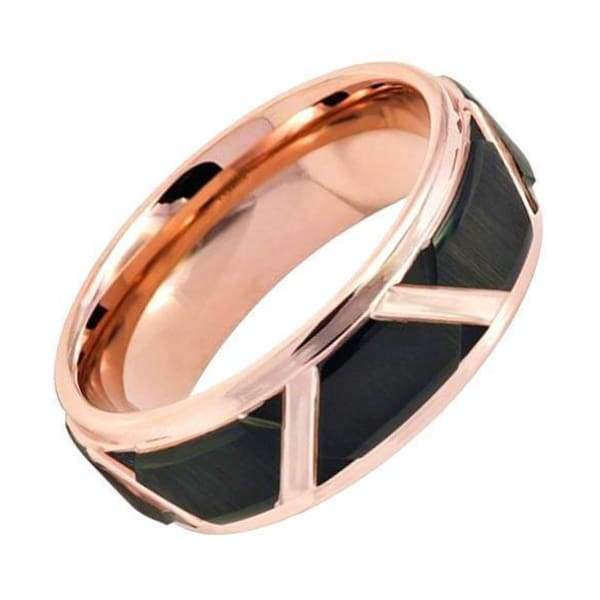 Mens Rose Gold Inlaid Tungsten Ring High With Black Trapezoid Center - 8mm