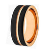 Men’s Rose Gold Inlay Grooved Black Tungsten Wedding Band Pipe Cut- 6mm & 8mm