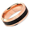 Mens Rose Gold Tungsten Wedding Band Black Carbon Fiber Beveled Edge - 6mm & 8mm