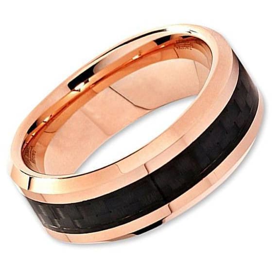 Mens Rose Gold Tungsten Wedding Band Black Carbon Fiber Beveled Edge - 6mm & 8mm