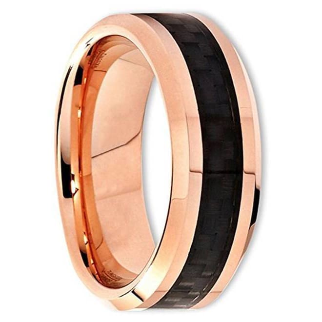 Mens Rose Gold Tungsten Wedding Band Black Carbon Fiber Beveled Edge - 6mm & 8mm