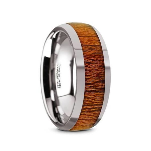 Men’s Round Mahogany Wood Inlaid Tungsten Wedding Ring Polish Finish - 8mm