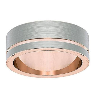 Men’s Silver & Rose Gold Flat Tungsten Wedding Ring With Brushed Center - 8mm