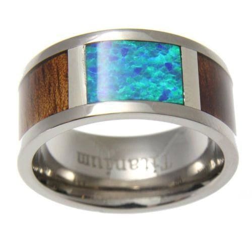 Mens Titanium Band Genuine Hawaiian Koa Wood Inlay Opal Comfort Fit Ring - 10mm