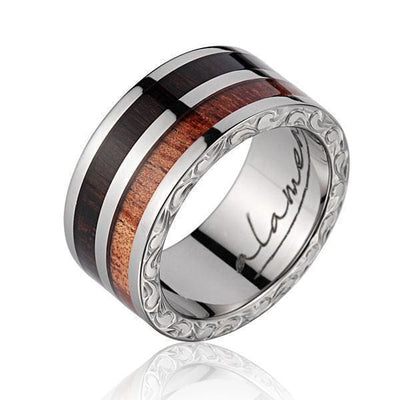 Mens Titanium Scroll Genuine Macassar Ebony Hawaiian Koa Wood Wedding Band - 10mm