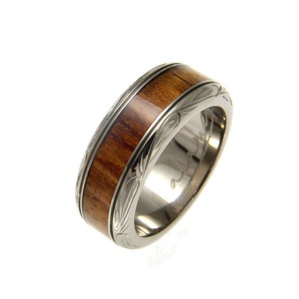 Mens Titanium Scroll Wedding Band Genuine Inlay Hawaiian Koa Wood Ring - 8mm