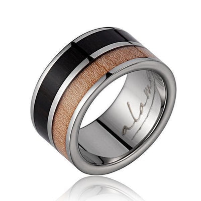 Mens Titanium Scroll Wedding Band Genuine Macassar Ebony & Maple Wood Ring - 10mm