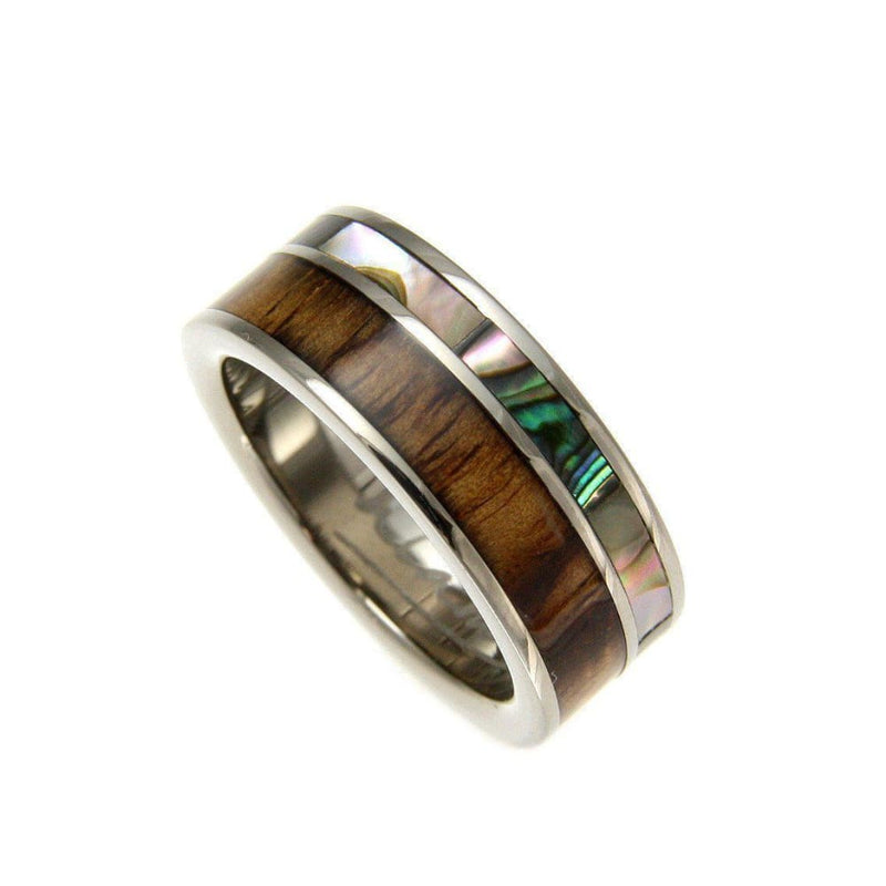 Mens Titanium Wedding Band Genuine Inlay Hawaiian Koa Wood Abalone Ring - 8mm