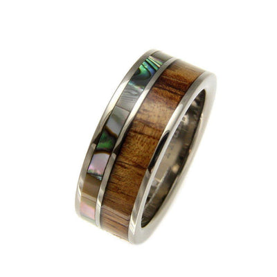 Mens Titanium Wedding Band Genuine Inlay Hawaiian Koa Wood Abalone Ring - 8mm